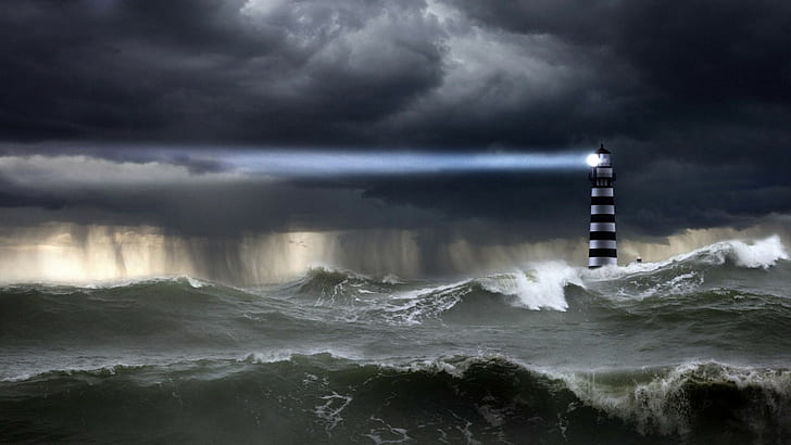 Lighthouse Wave Storm, 2560x1440, storm, oceans, computer Free HD Wallpaper