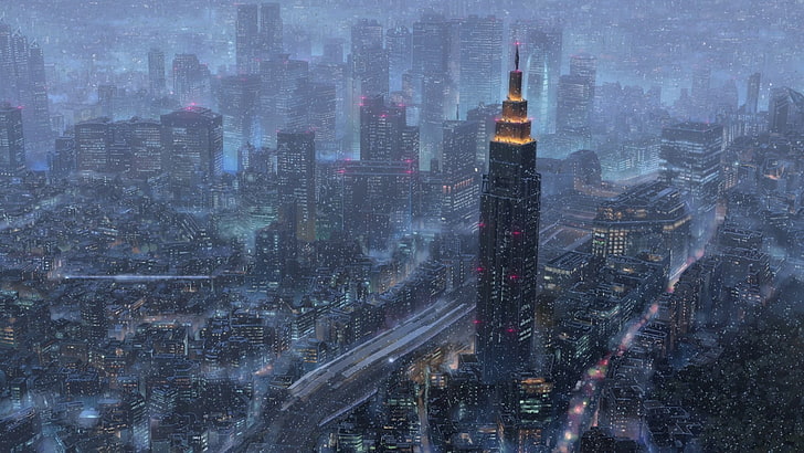 Makoto Shinkai 1080, skyline, city, snowfall, tokyo Free HD Wallpaper