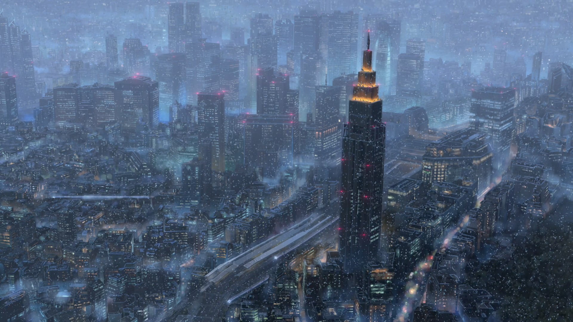 Makoto Shinkai, building exterior, cityscape, financial district, fog