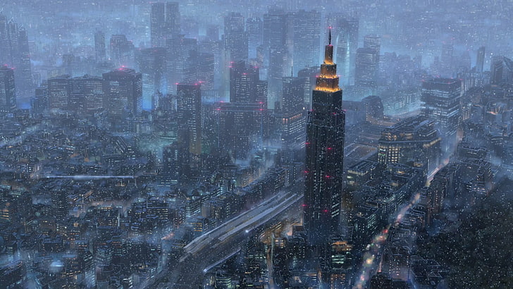 Makoto Shinkai, building exterior, cityscape, financial district, fog Free HD Wallpaper