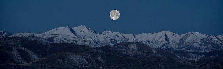 Moonlit Mountains, moon, mountain range, night, multiple display Free HD Wallpaper