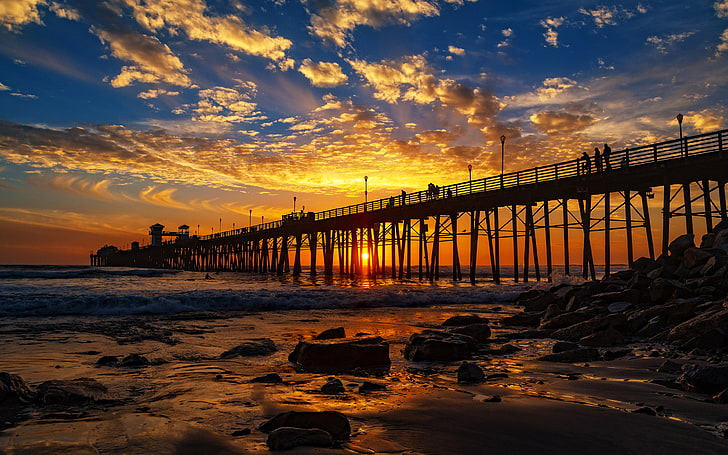 Oceanside Pier Fishing, architecture, rock  object, beach, idyllic Free HD Wallpaper