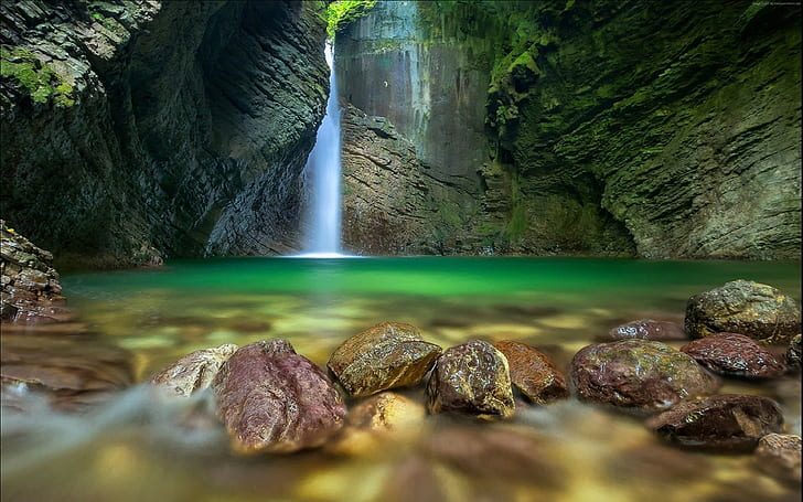 Patterns, forest, cave, earth, waterfall Free HD Wallpaper