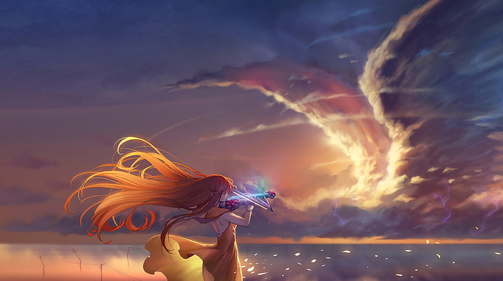 Playing Violin Cartoon, ethereal, dreamlike, dramatic sky, outdoors Free HD Wallpaper