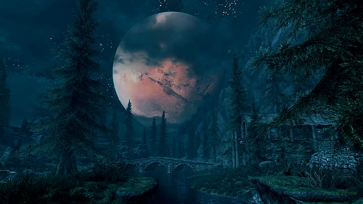 Skyrim 1366X768, the elder scrolls v skyrim, secunda, pc gaming, moon Free HD Wallpaper