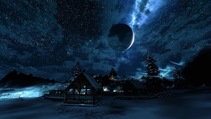 TES Skyrim, sky, architecture, moon surface, illuminated Free HD Wallpaper