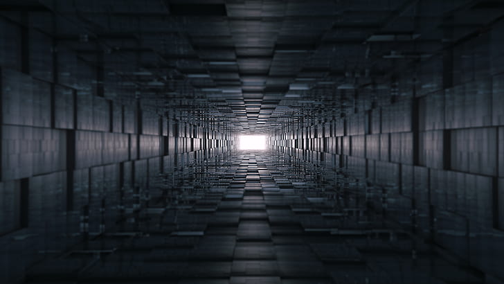 Abstract Black, building, diminishing perspective, built structure, light at the end of the tunnel Free HD Wallpaper