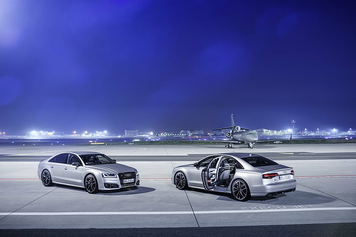 Audi S8 Black, airport, audi, silver car, aircraft Free HD Wallpaper