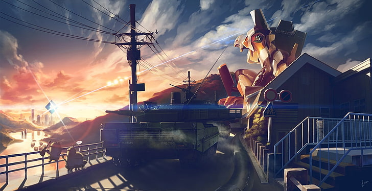 Evangelion Eva 00, neon genesis evangelion, sunset, sky, working Free HD Wallpaper