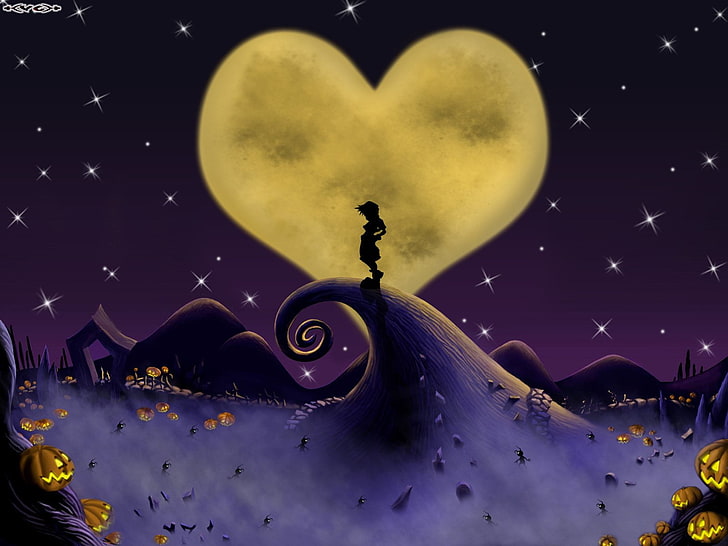 Kingdom Hearts Sora Figure, the nightmare before christmas, nature, moonlight, midair Free HD Wallpaper