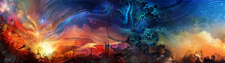 Laptop Multiple Monitors, fantasy, art, original, 3840x1080 px Free HD Wallpaper