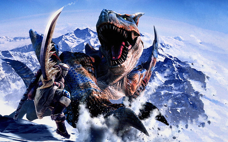 Monster Hunter X, animal themes, art and craft, snowcapped mountain, monster hunter