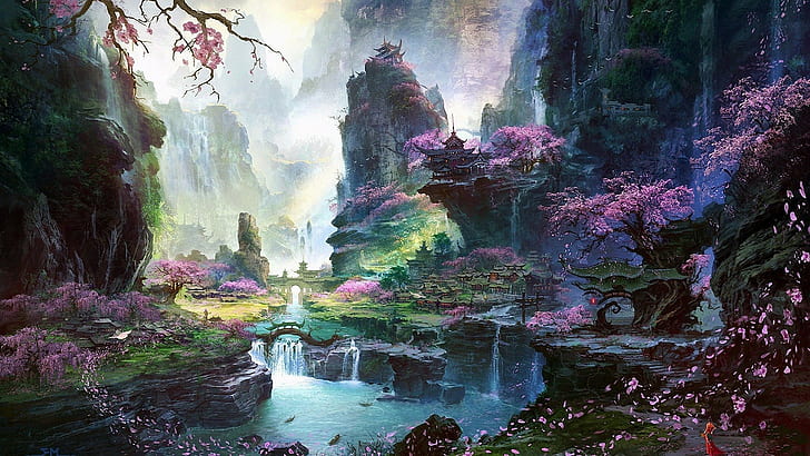 Mystery Diamond Painting, lake, trees, waterfall, halo