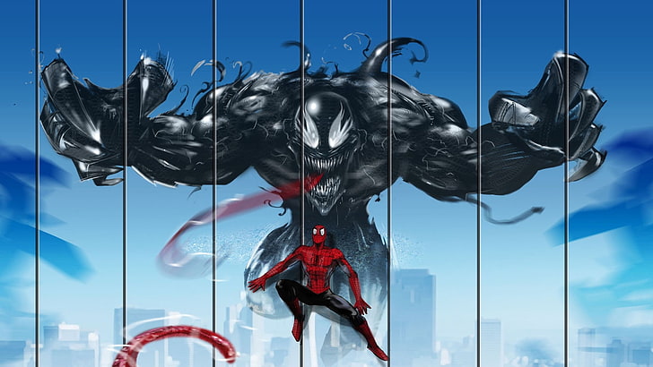 Spider Man and Venom Comics, sculpture, blue, outdoors, representation Free HD Wallpaper