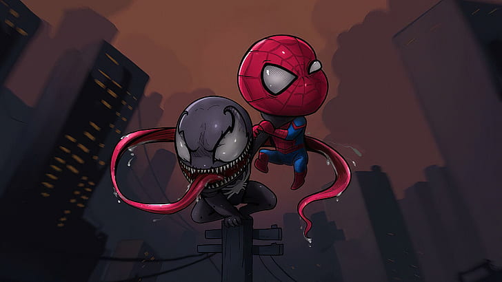 Ultimate Spider-Man vs Venom, venom, marvel comics, spiderman, chibi Free HD Wallpaper
