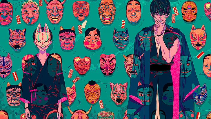 Wooden Oni Mask, Akiakane, green background, japan, akiakane Free HD Wallpaper