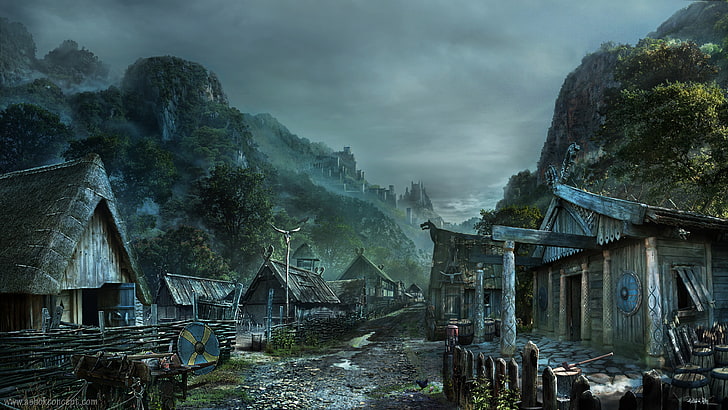 Cartoon Viking Village, no people, abandoned, scenics  nature, sky Free HD Wallpaper