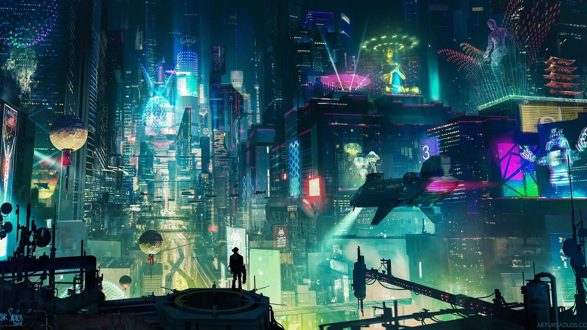 Cyberpunk Artwork, fantasy city, lighting equipment, group of people, architecture