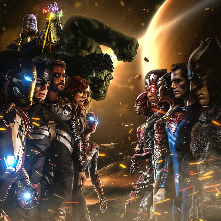 Justice League X Avengers, black widow, thanos, dc super heroes, marvel super heroes