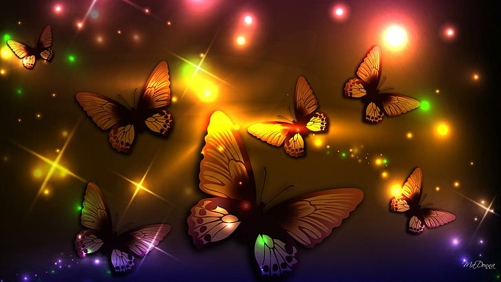 Animated Flying Butterfly, 3d and abstract, sparkles, light, stars Free HD Wallpaper