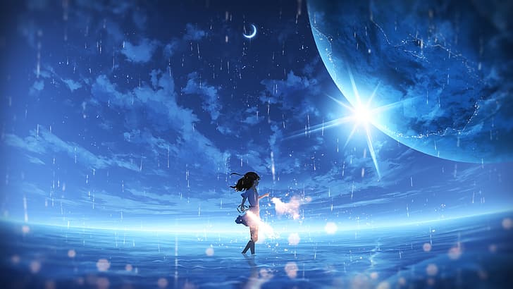 Anime Digital Art Illustration, water, nature, landscape, sun Free HD Wallpaper