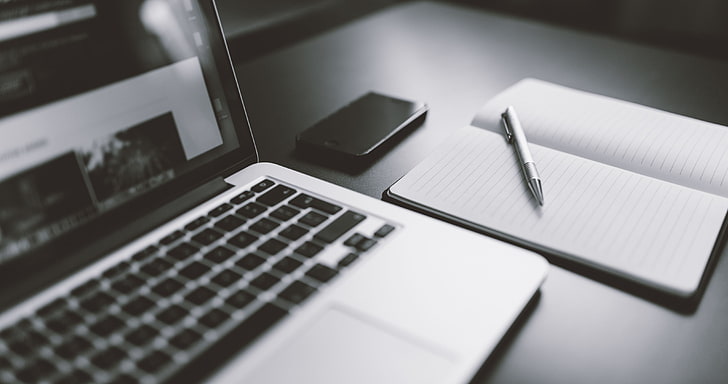 Black and White of Keyboard, computer, working, wood  material, table Free HD Wallpaper