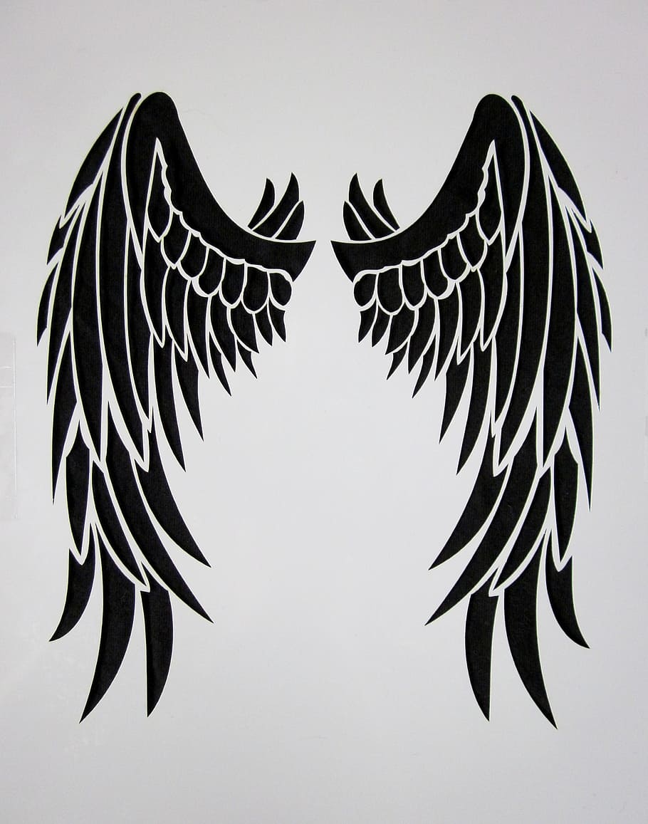 Black Angel Wings and Halo, animal, white background, black and white, art and craft Free HD Wallpaper