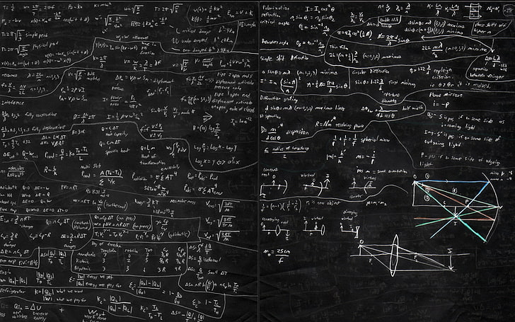 Chalkboard with Physics Equations, handwriting, full frame, wall  building feature, mathematics