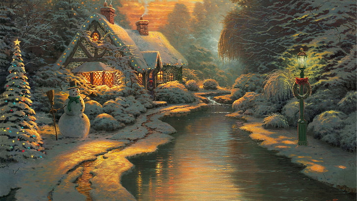 Christmas Thomas Kinkade Church Paintings, cold temperature, figure, growth, tranquil scene Free HD Wallpaper
