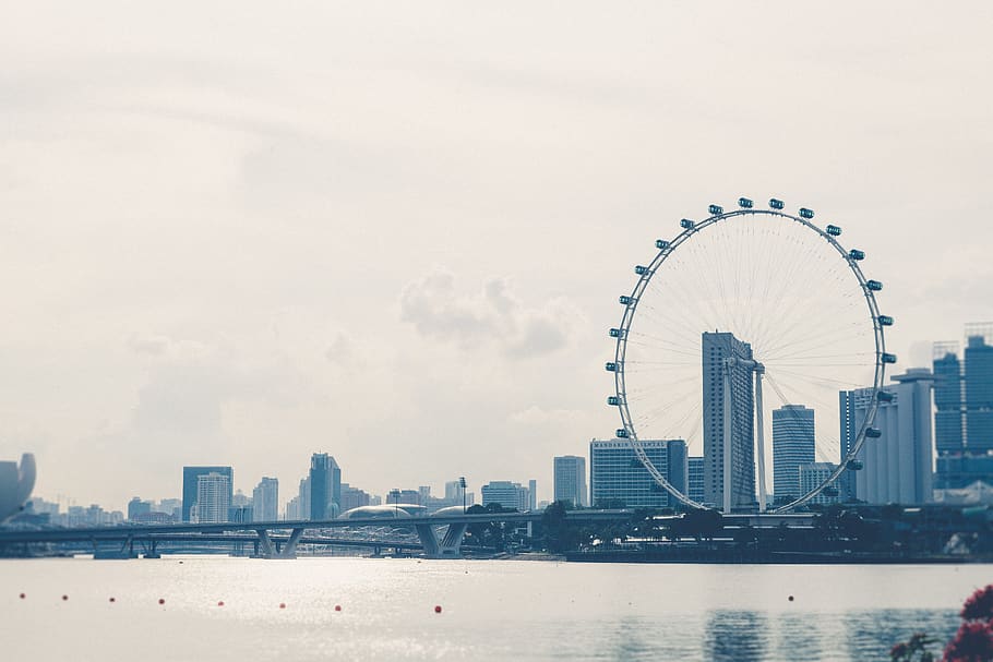 cityscape, financial district, urban skyline, ferris wheel Free HD Wallpaper