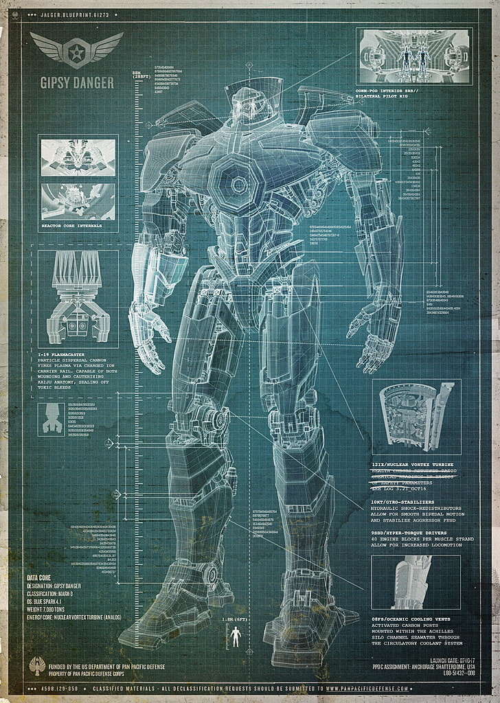 Combat Robot Blueprints, white color, no people, technology, gipsy danger