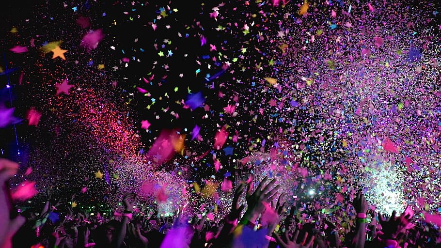 Confetti Balloons, event, men, emotion, happy Free HD Wallpaper