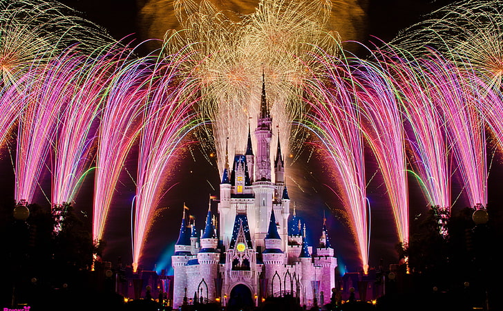 Disney World Castle Show, no people, florida, long exposure, firework display Free HD Wallpaper