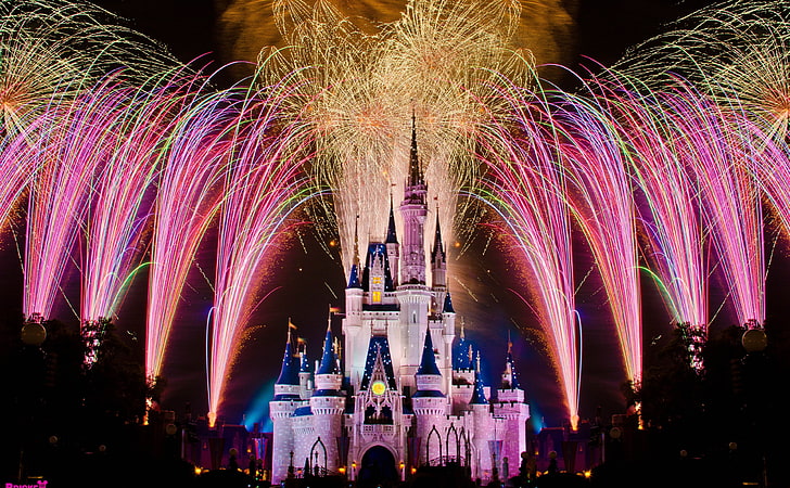 Disney World Castle Show, no people, florida, long exposure, firework display