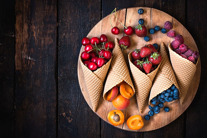 Dried Fruit Snacks, berry fruit, freshness, sugar cones, high angle view