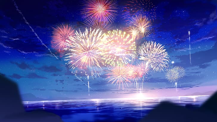 fireworks, anime, night sky, cartoon