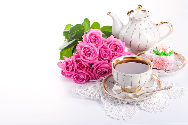 Good Morning Tea and Flowers, refreshment, pink color, bouquet, rose  flower Free HD Wallpaper