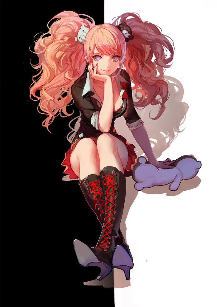 Junko Enoshima and Monokuma, boots, danganronpa, enoshima junko, laced boots Free HD Wallpaper