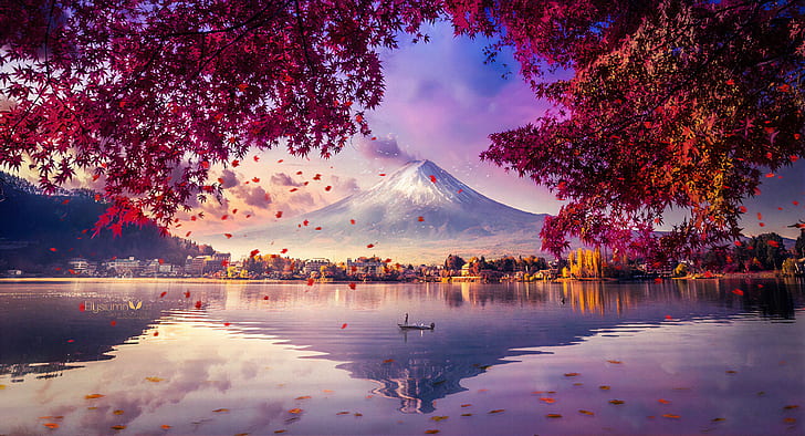 Mount Fuji Illustration, landscape, asian, mount fuji, trees Free HD Wallpaper