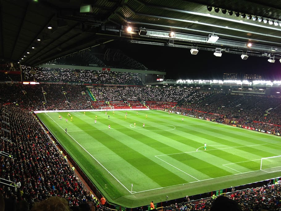 New Old Trafford, green color, adult, lighting equipment, football