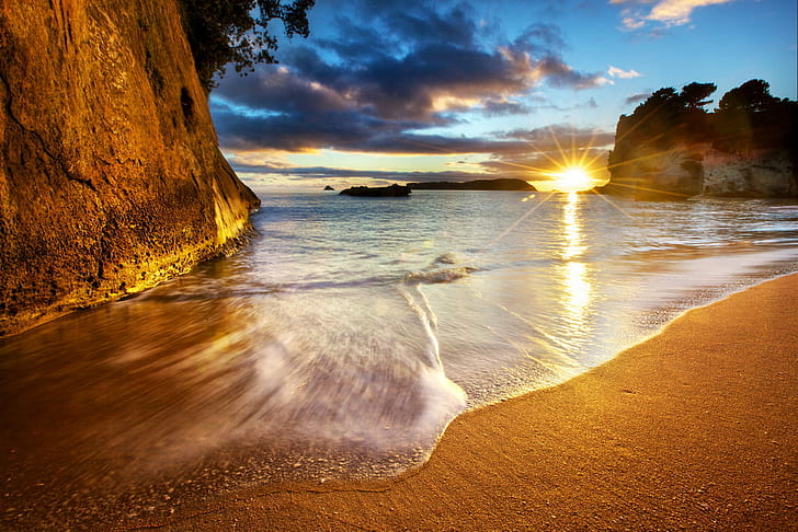 New Zealand Cathedral Cove Beach Sunrise, sky, dusk, beach, nature Free HD Wallpaper