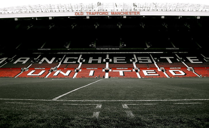 Old Trafford Full Stadium, grass, text, western script, united