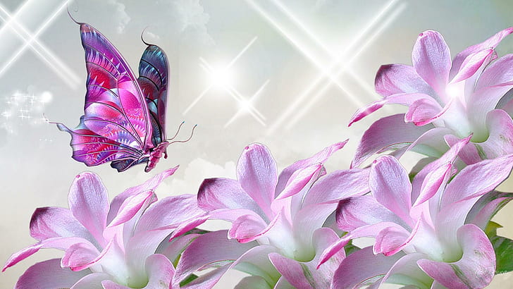 Pink Flowers and Butterflies, lavender, flowers, stars, 3d and abstract Free HD Wallpaper
