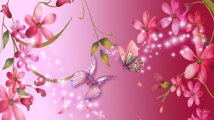 Plumeria, bright, 3d and abstract, pink, lavender butterfly Free HD Wallpaper