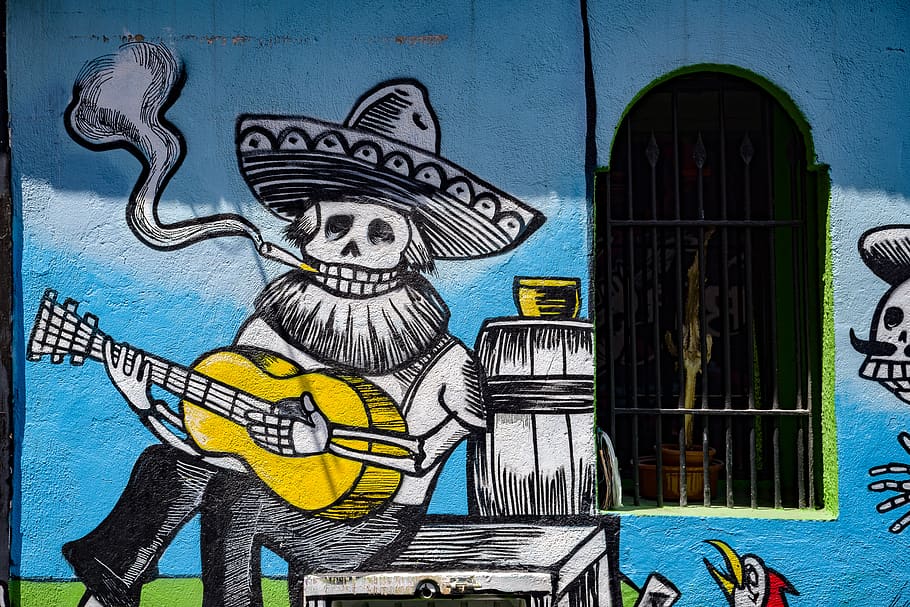 President of Mexico Today, closeup, mural, street, day of the dead