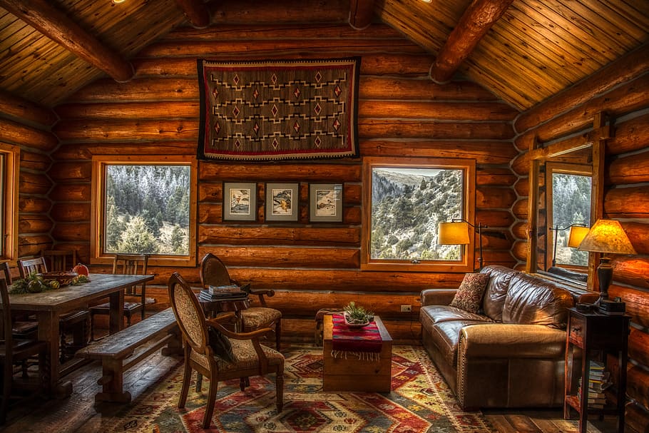 Rustic Small Cabin Interior, atmosphere, day, vacation, domestic room