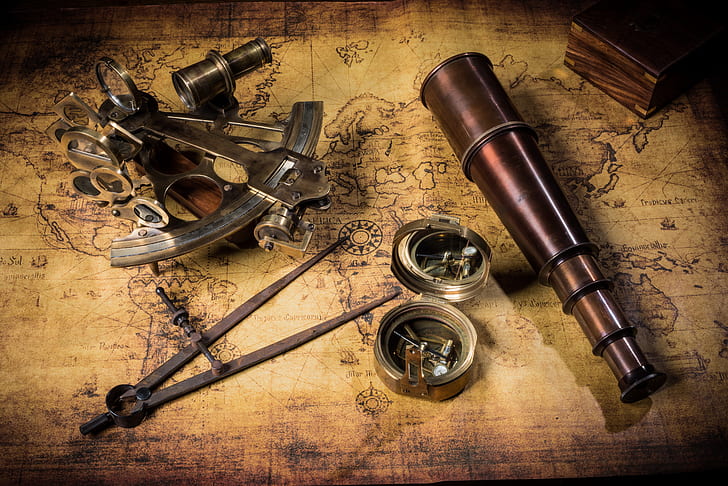 Sextant Navigation Tool, compass, old, box, map Free HD Wallpaper