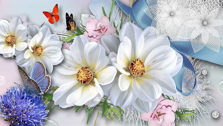 Vintage Flowers, feathers, 3d and abstract, flowers, spring