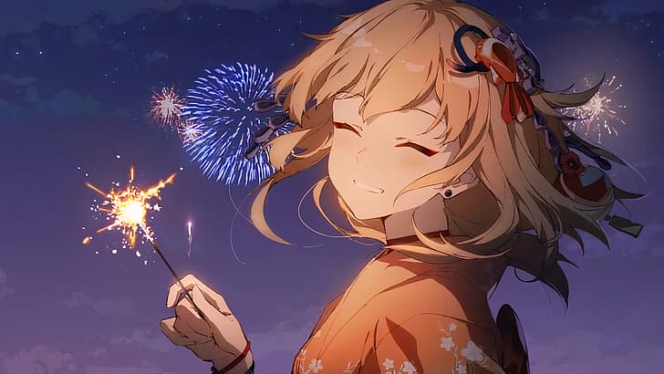 Yoimiya, sarashi, genshin impact, fireworks, yoimiya genshin impact Free HD Wallpaper