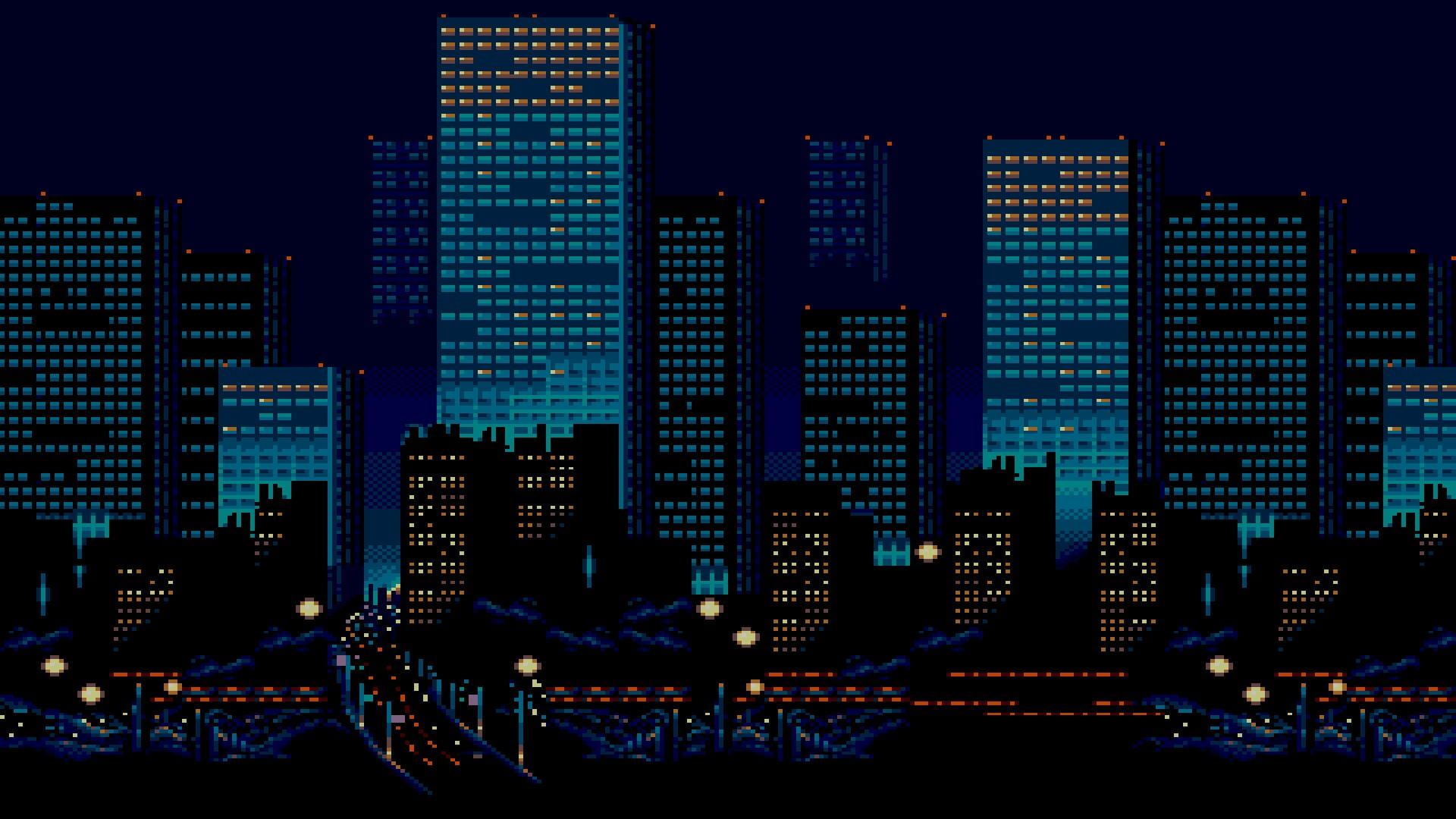 8-Bit Sunset, minimalism, pixels, skyline, retrowave